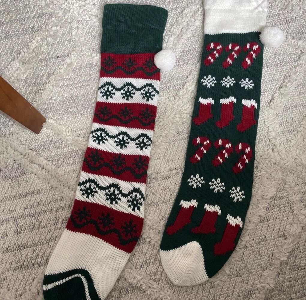2 vintage Jingle Bell knit Christmas Stockings