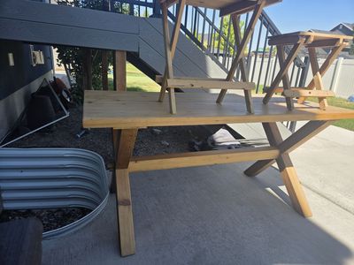 SUMMER TIME is Here ''''' OUTDOOR Wood Tables Set (3) 2 folding chairs please see pictures...