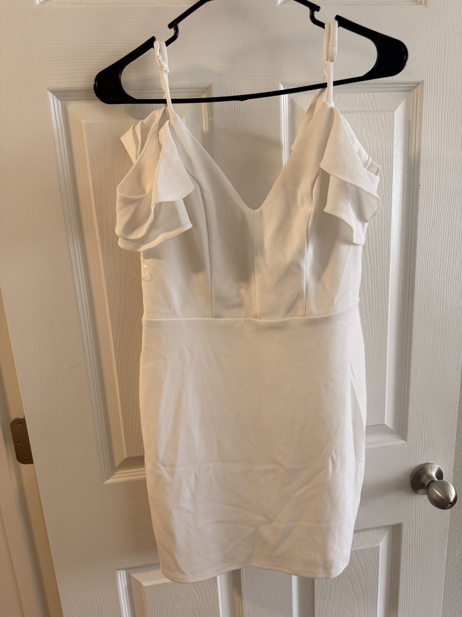 Crystal Doll White Cold-Shoulder Ruffle Mini Dress Size 9