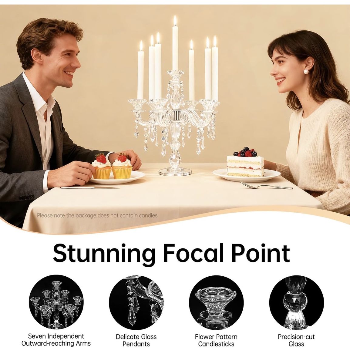 Elegant Clear Glass Candlestick Holder - 7-Arm Candelabra with Crystal Pendants, Easy Assembly