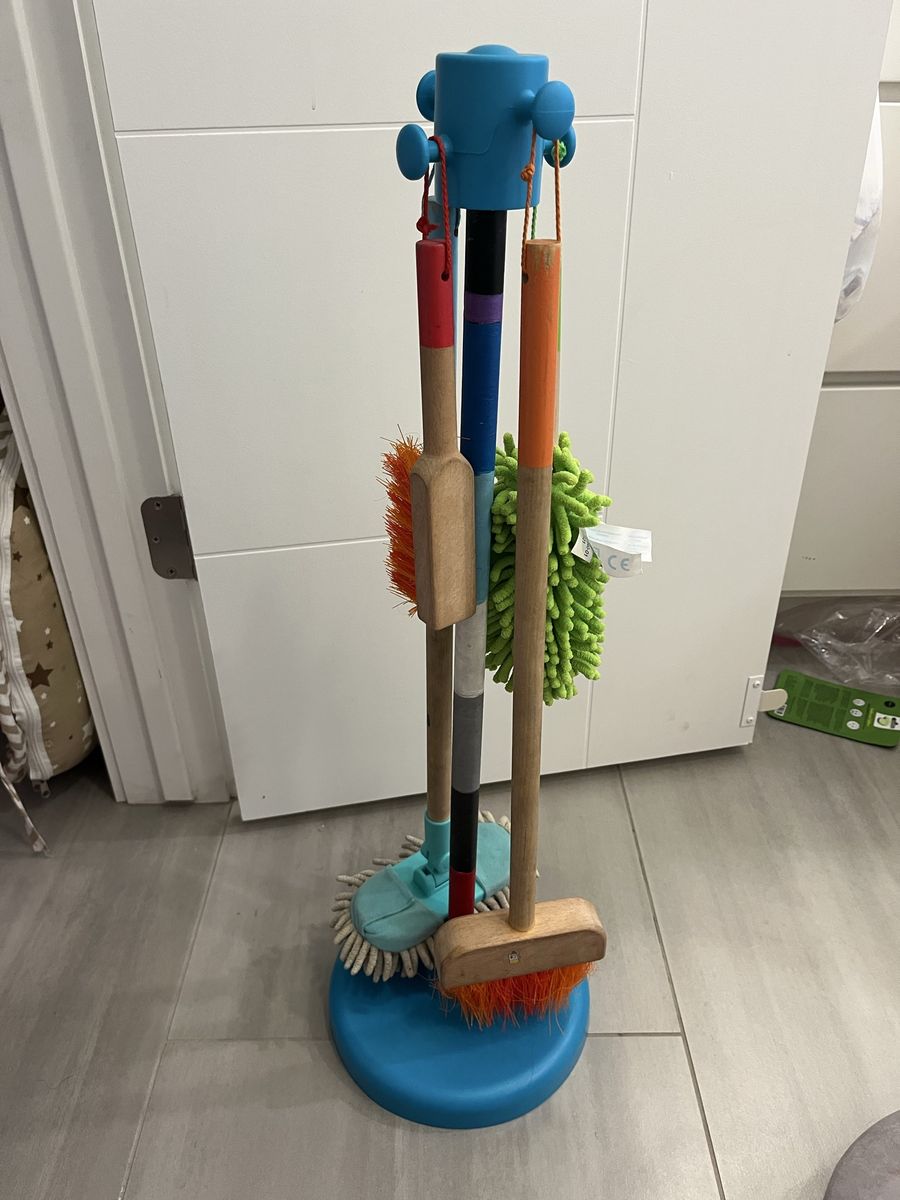 Kids Wooden Cleaning Set: Mop, Broom, Duster & Brush with Stand