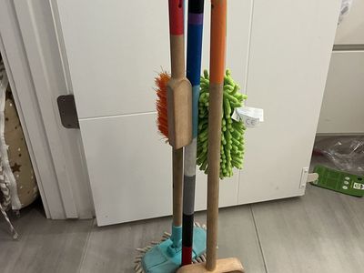 Kids Wooden Cleaning Set: Mop, Broom, Duster & Brush with Stand