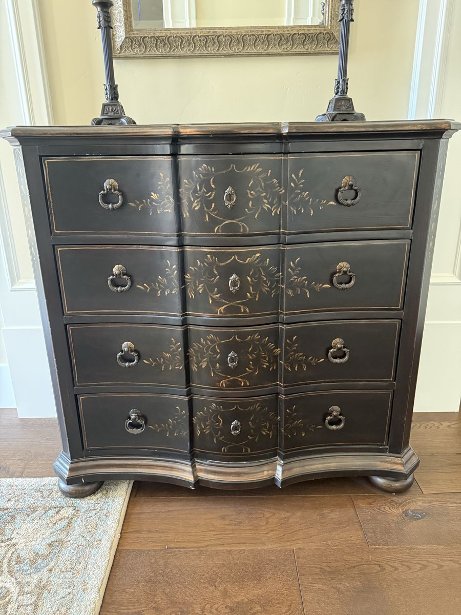 Black & Gold Accent Chest w/ 4 Drawers - Ornate Floral Design, Bombay Style