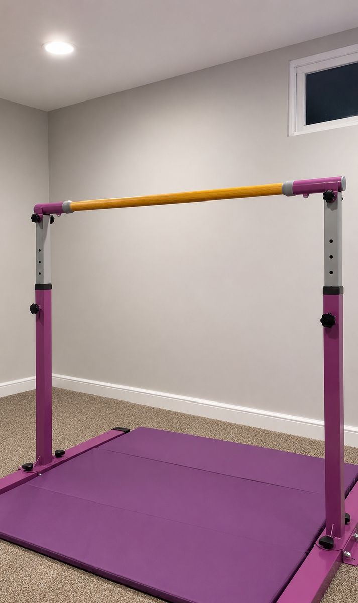 Kids Adjustable Gymnastics Kip Bar with Folding Landing Mat - Purple