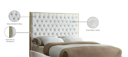 MERIDIAN FURNITURE FULL SIZE Lana White Velvet Upholstered Bed HEADBOARD ONLY - GOLD FRAME