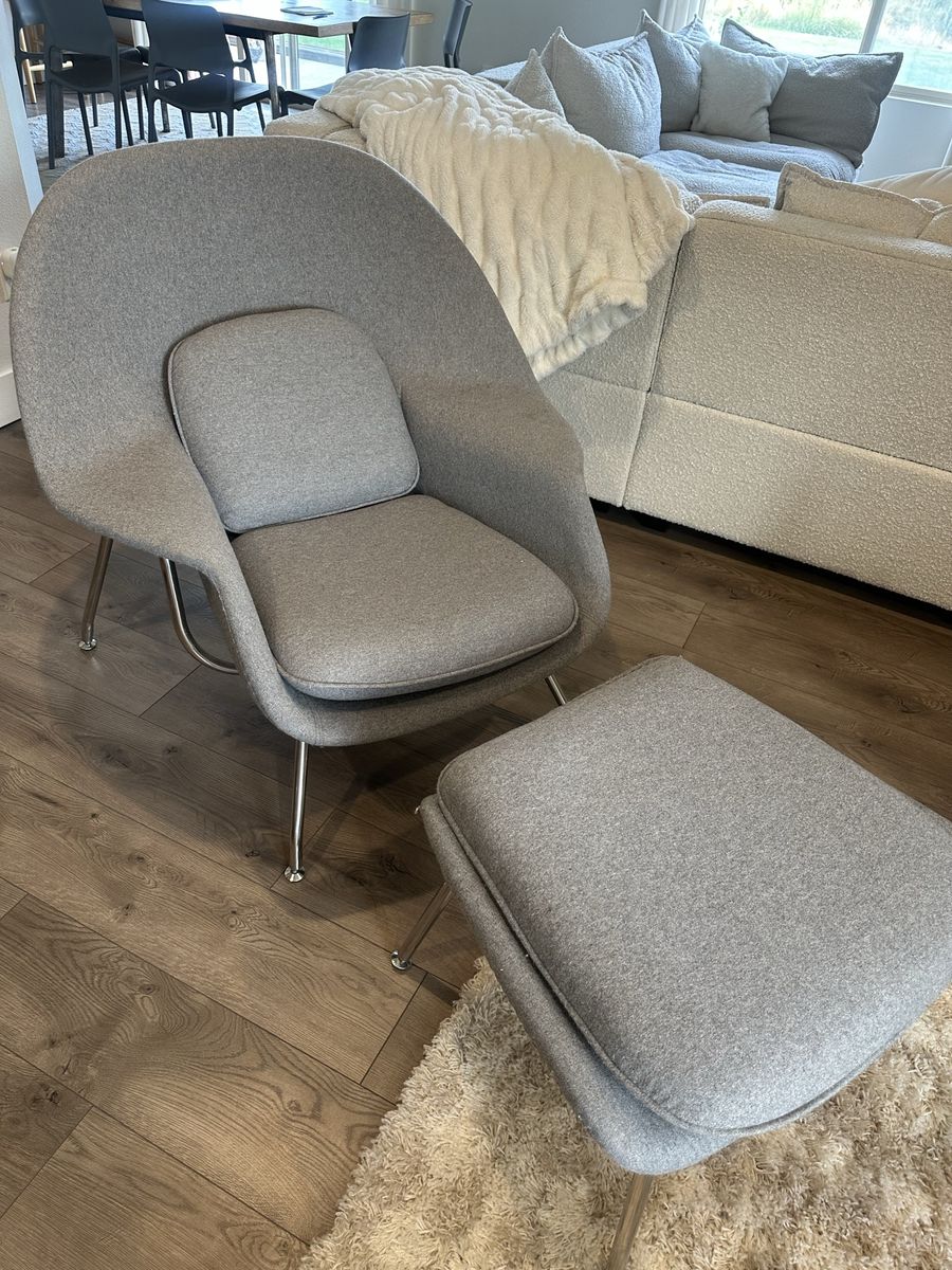 Modern Grey Upholstered Womb Lounge Chair with Matching Ottoman