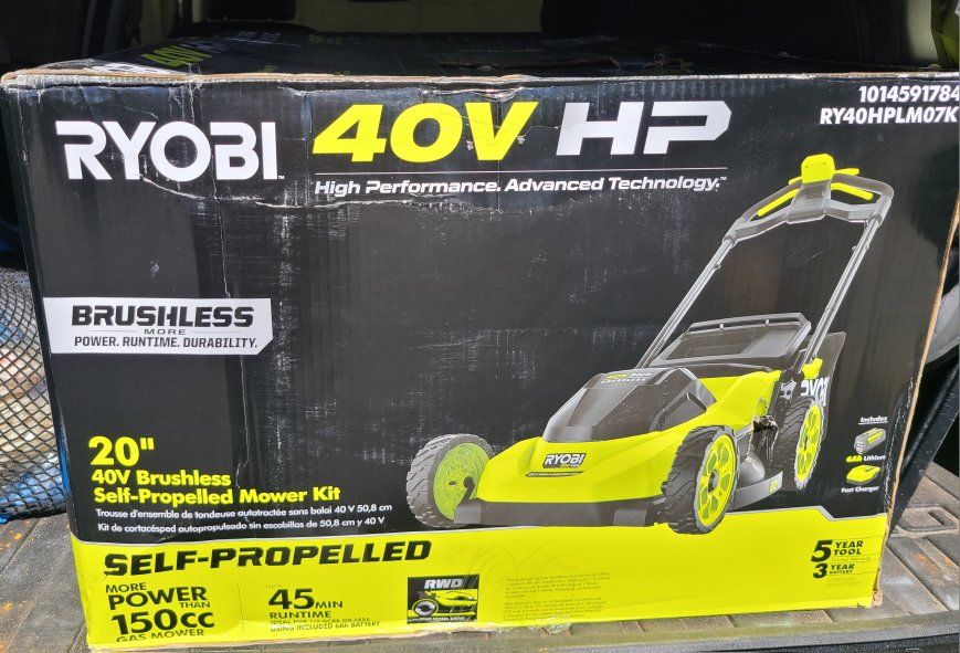 Brand New 20" 40V Ryobi self-propelled lawn mower with 6 Ah battery
