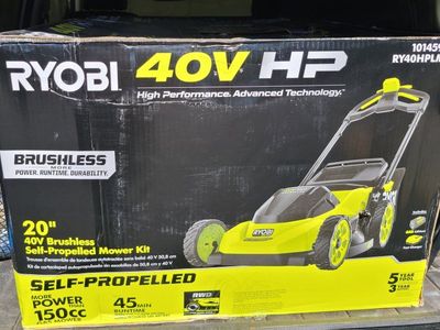 Brand New 20" 40V Ryobi self-propelled lawn mower with 6 Ah battery