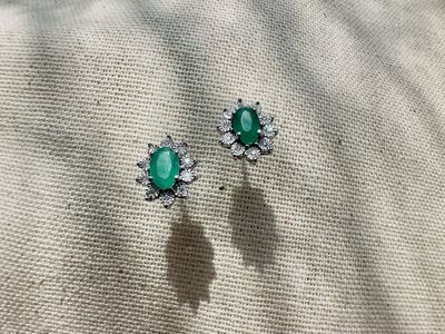 10k White Gold, Natural Diamonds and Emerald Earrings