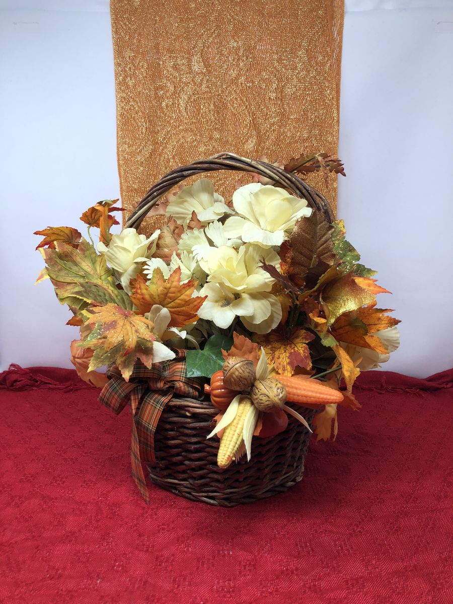Artificial Fall Floral Arrangement in Woven Wicker Basket