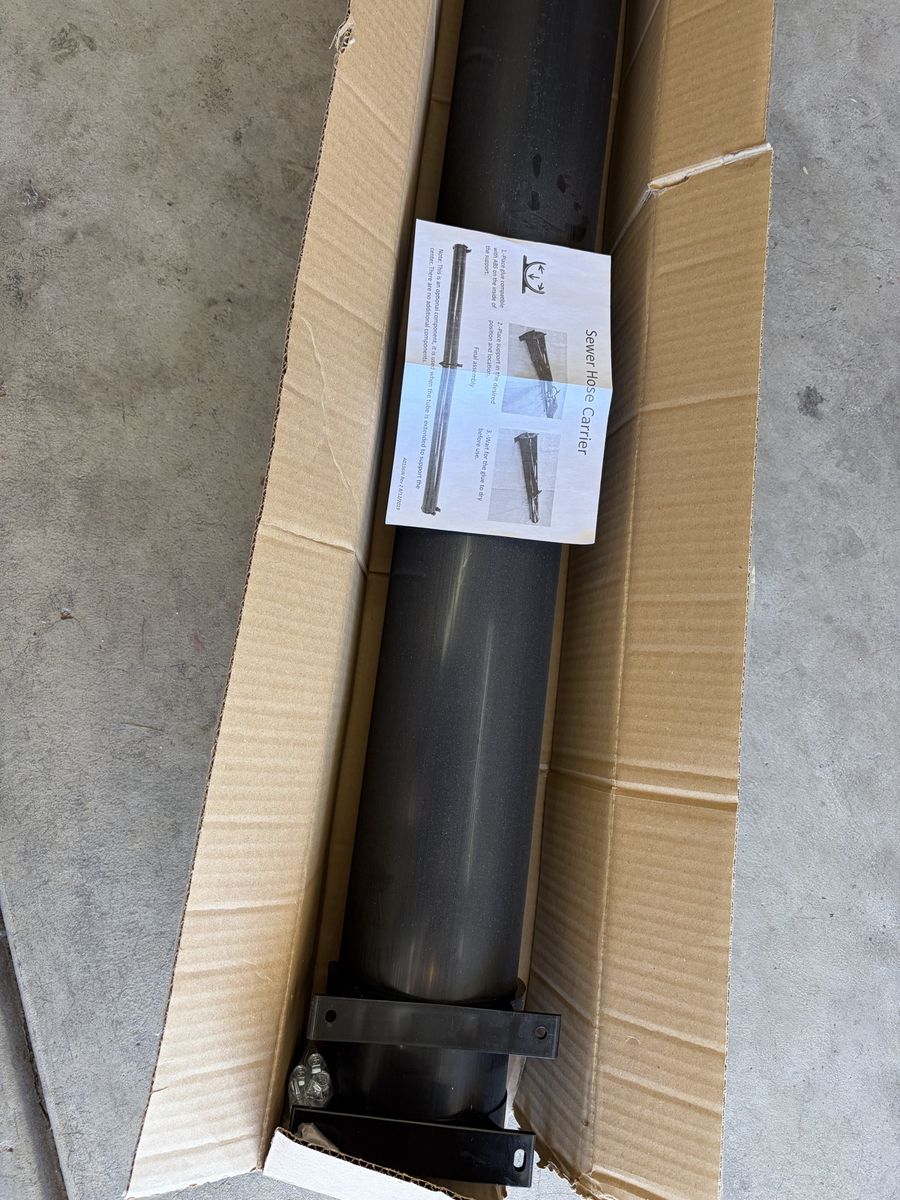RV Sewer Hose Carrier Adjustable 50"-94" Black, Wheel Chocks, ladder mounted flag holder, 7 pin pigtail splitter
