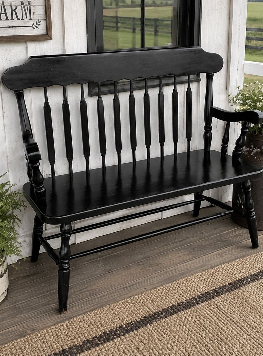 Black Wooden Spindle Back Bench - Classic Farmhouse Style Seating