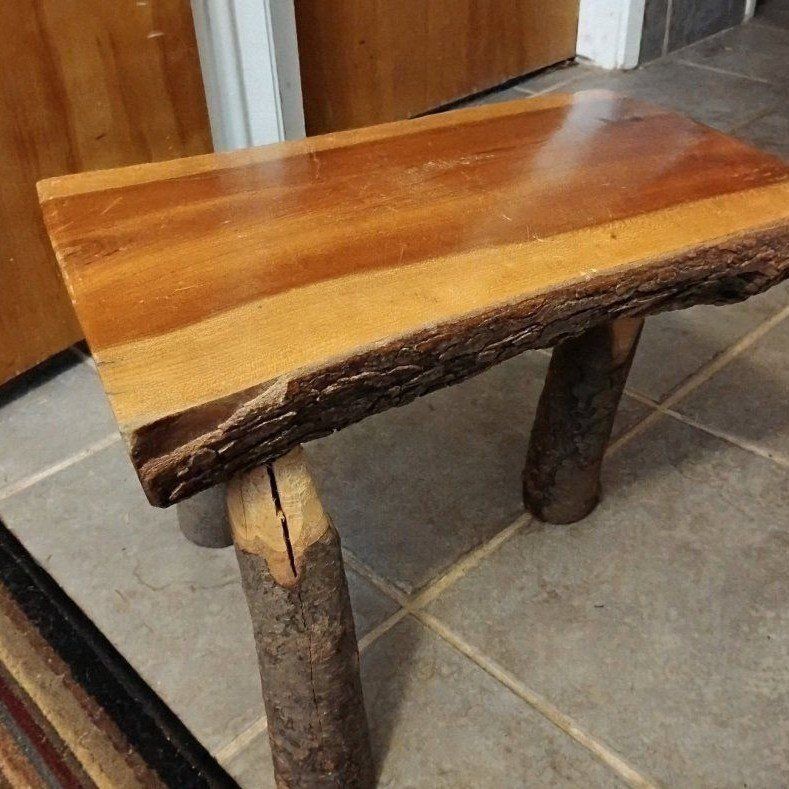 Vintage Dutch Handmade Wooden Log Stool - Natural Live Edge Step Stool