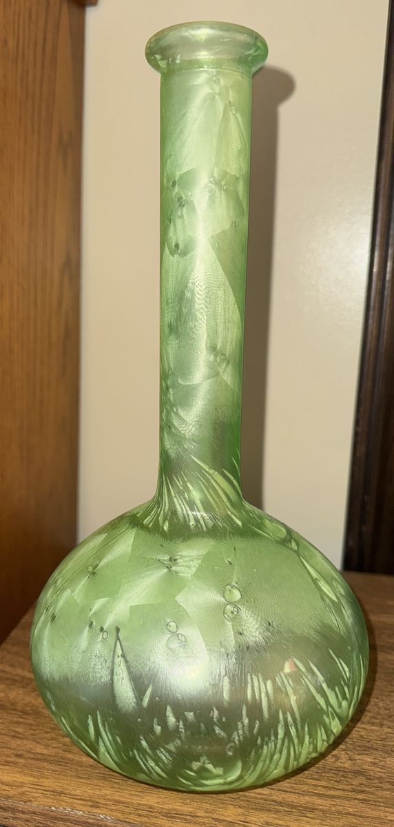 Antique Acid Etched Iridescent Frosted Green Glass Vase by Emile Galle
