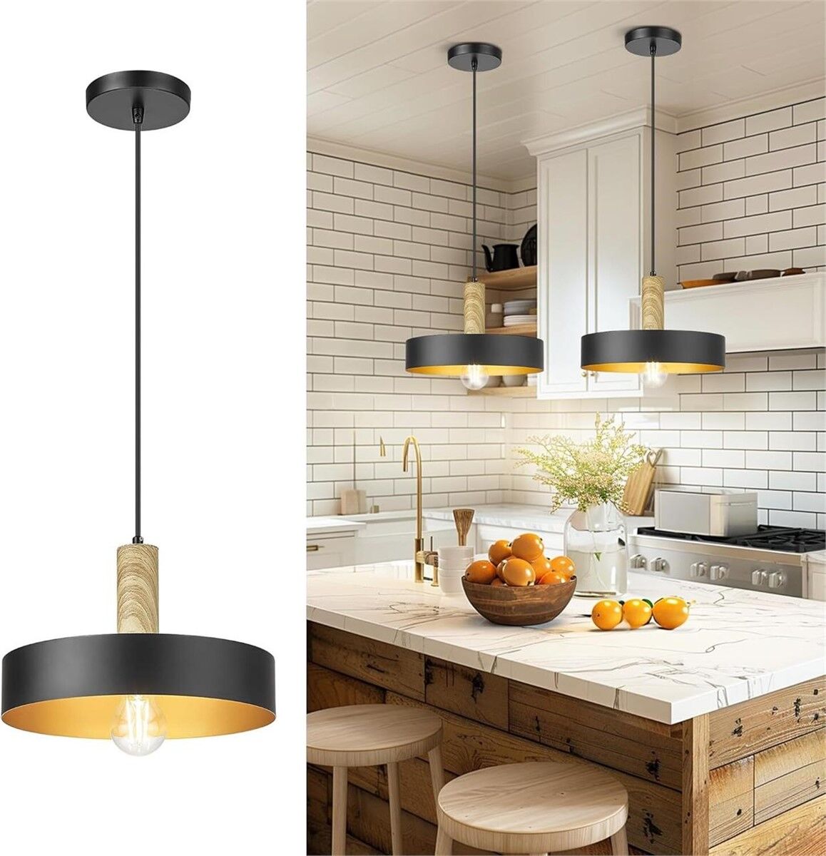 11" Black / Wood Grain Pendant Light