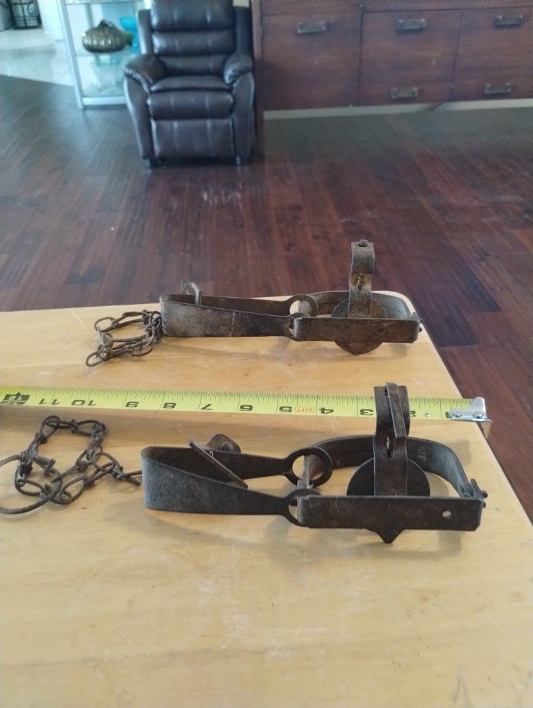 Vintage Metal Animal Traps with Chains - Lot of 2