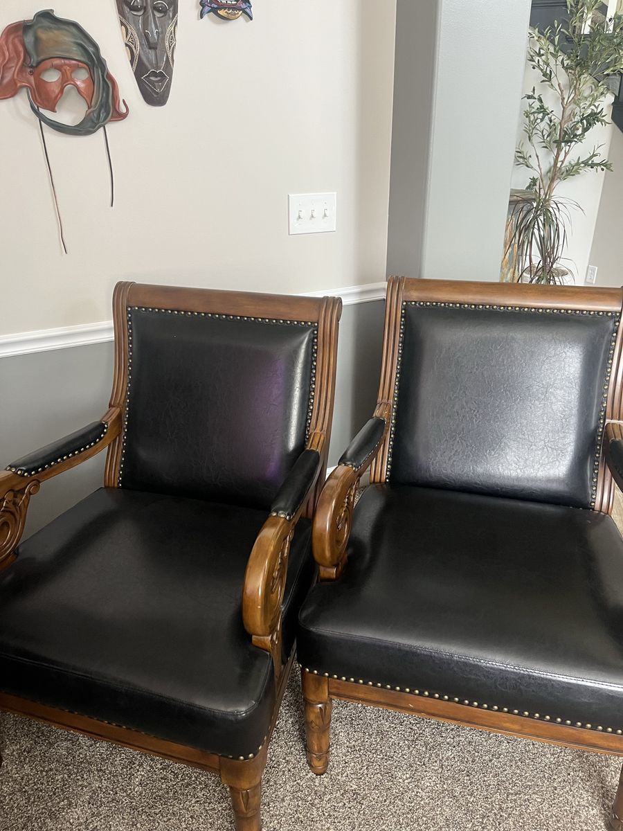 Pair of Traditional Wooden Armchairs with Black Faux Leather Upholstery