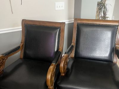 Pair of Traditional Wooden Armchairs with Black Faux Leather Upholstery