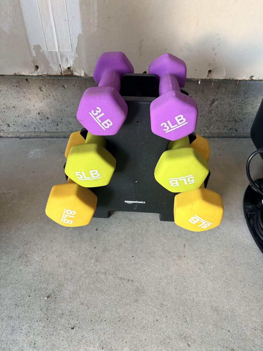 Amazon Basics Neoprene Dumbbell Weight Set with Storage Rack - 3, 5, 8 LB Pairs (32 LBS Total)