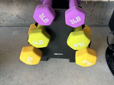 Amazon Basics Neoprene Dumbbell Weight Set with Storage Rack - 3, 5, 8 LB Pairs (32 LBS Total)