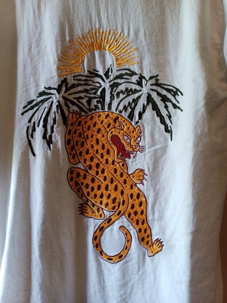 Brixton White Short Sleeve Button Up Shirt with Embroidered Leopard Print