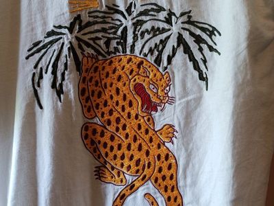 Brixton White Short Sleeve Button Up Shirt with Embroidered Leopard Print