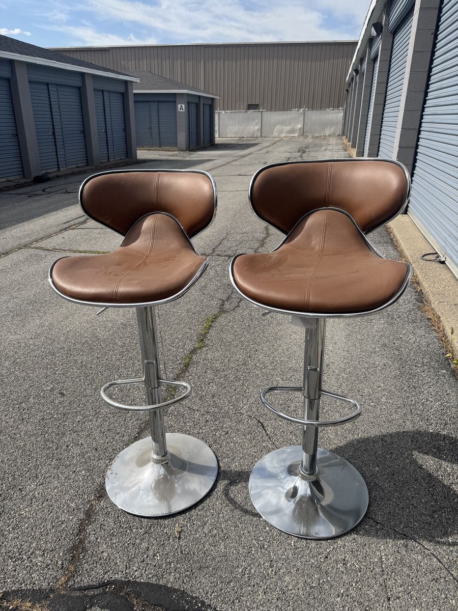 Adjustable Brown Leatherette & Chrome Swivel Bar Stools - Set of 2