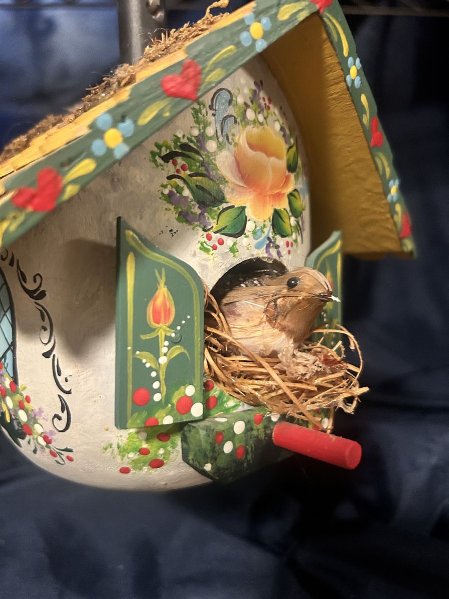 Hand-Painted Studio Art Cottage Birdhouse Floral by Hella Pope with Shutters Windows Chimney Roof Tiles Bird