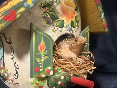 Hand-Painted Studio Art Cottage Birdhouse Floral by Hella Pope with Shutters Windows Chimney Roof Tiles Bird