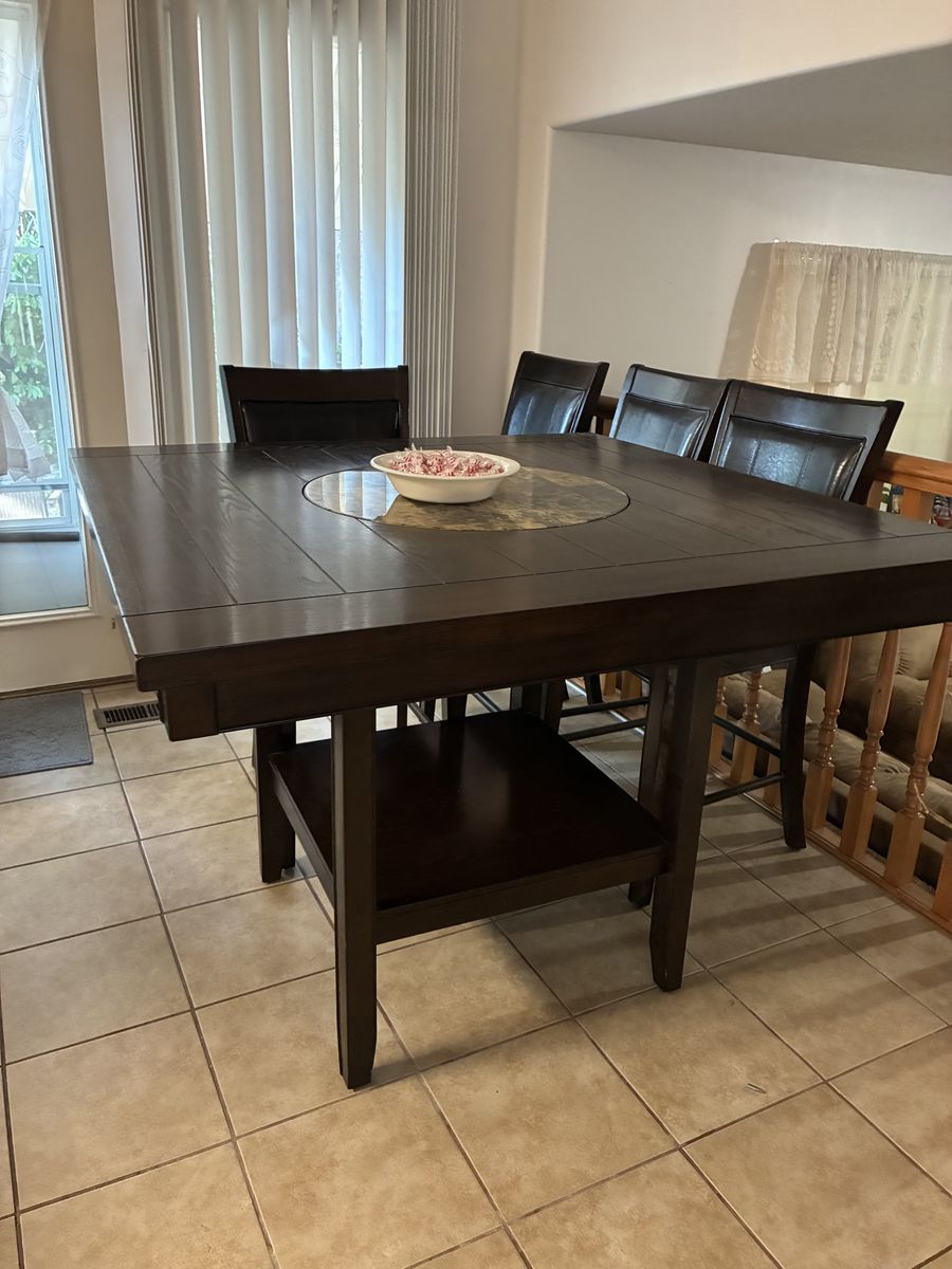 Square Dark Wood Counter-Height Dining Table with Lazy Susan and 4 Chairs