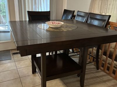 Square Dark Wood Counter-Height Dining Table with Lazy Susan and 4 Chairs