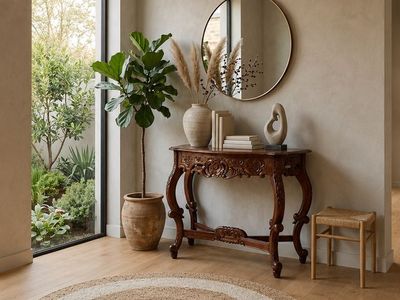 Vintage Demilune Baroque & Rococo Style Carved Hall or Console Table w/Floral Central Medallion, Scrolling Vines & Lower Saltire