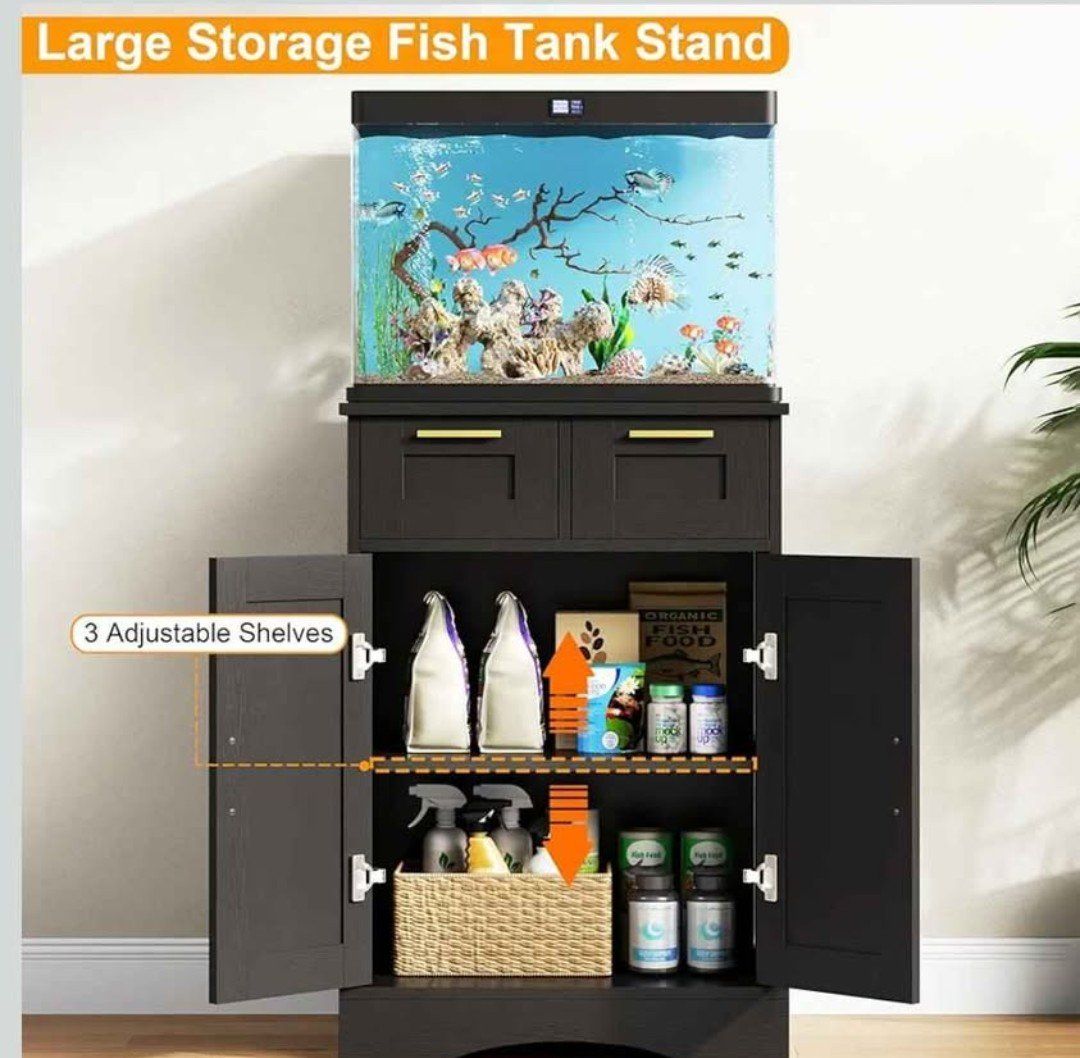Black Fish Tank Stand Cabinet with 2 Drawers, Adjustable Shelf - 20.5x11x31.3 inches, 330lb Capacity