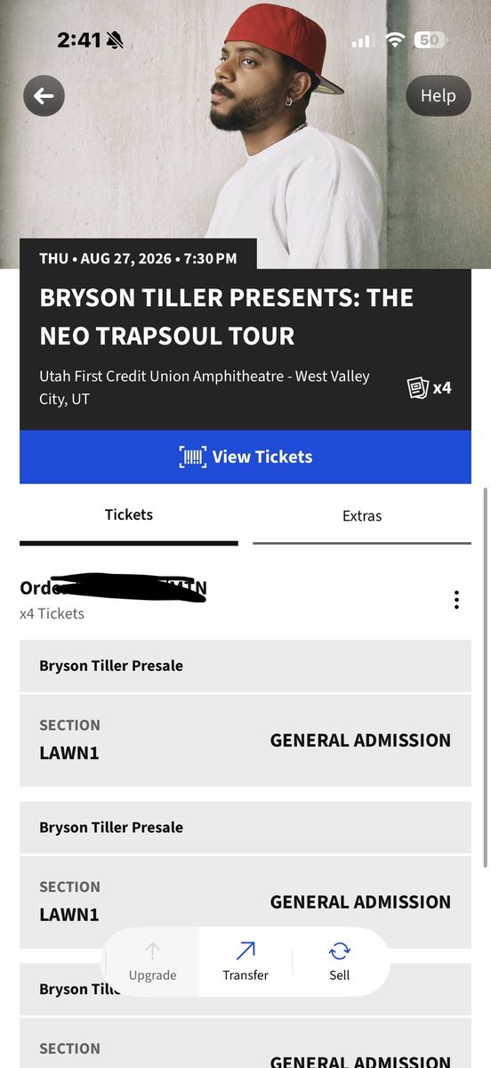 4x Bryson Tiller Concert Tickets - West Valley City, UT (Aug 27)