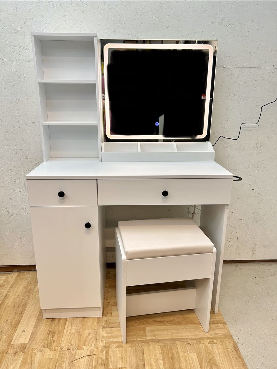 New White Vanity Set with LED Mirror and Stool