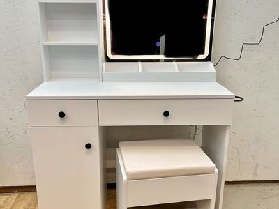 New White Vanity Set with LED Mirror and Stool