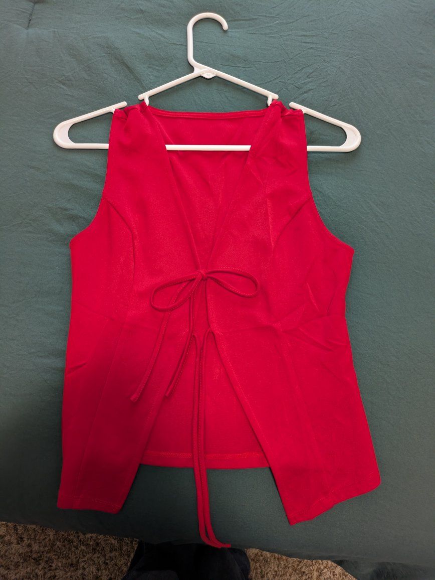 Red Polyester Sleeveless Top with Tie Front, Women's Size Small