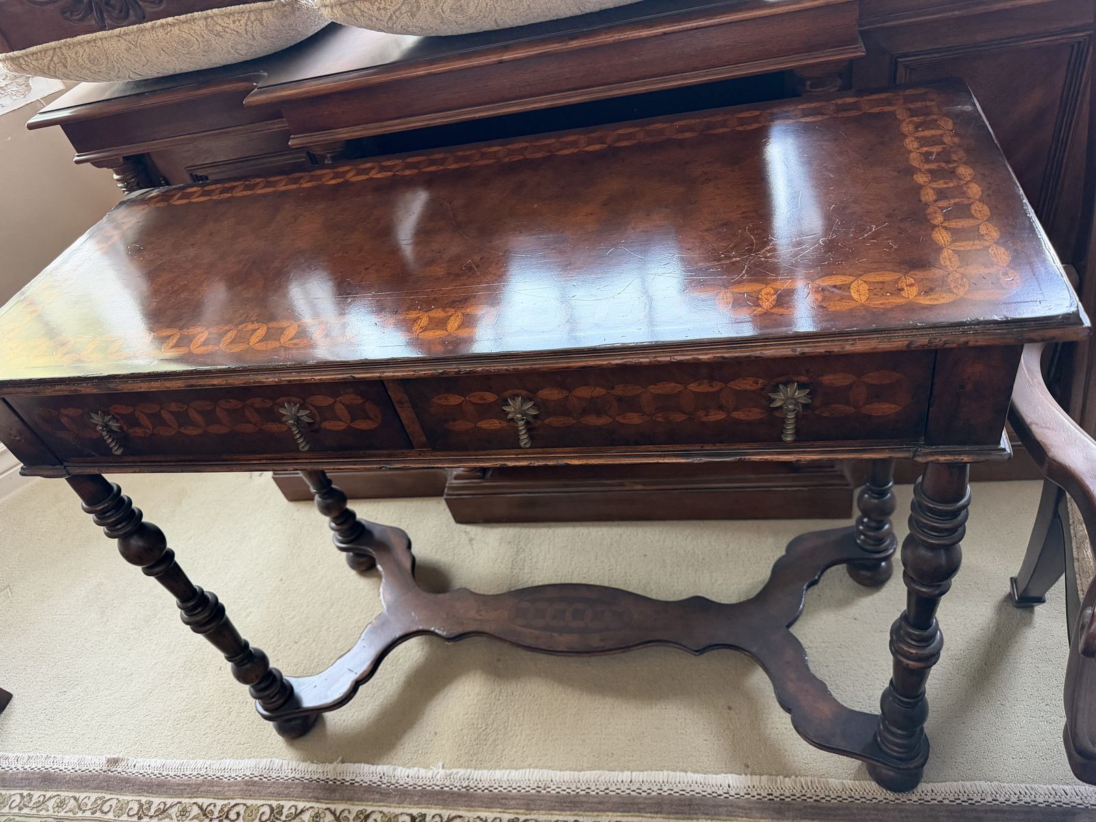 Antique-Style Wood Writing Desk / Console Table – Inlay Detail