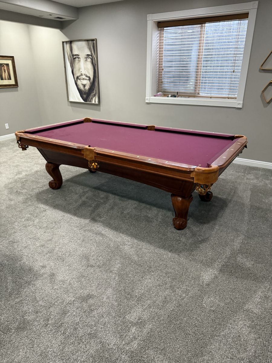 Traditional Wood Pool Table with Plum Felt and Ornate Ball-and-Claw Feet