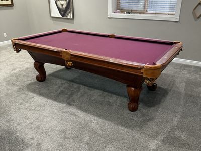 Traditional Wood Pool Table with Plum Felt and Ornate Ball-and-Claw Feet
