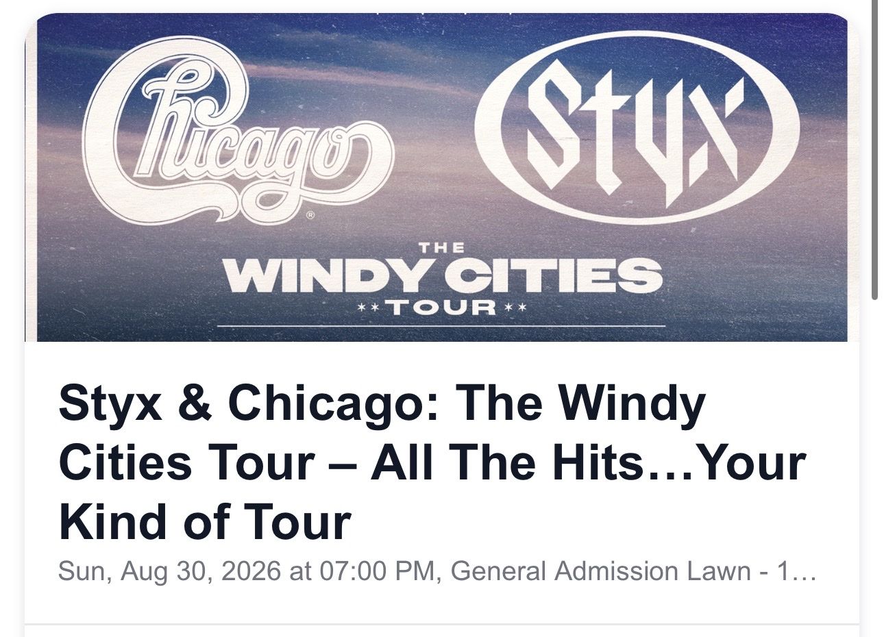 Styx & Chicago: The Windy Cities Tour Tickets - Sun, Aug 30, 2026