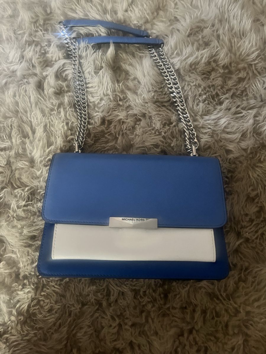 Michael Kors Blue & White Leather Shoulder Bag with Silver Chain Strap - Pre-owned