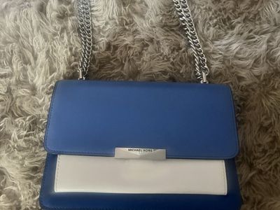 Michael Kors Blue & White Leather Shoulder Bag with Silver Chain Strap - Pre-owned