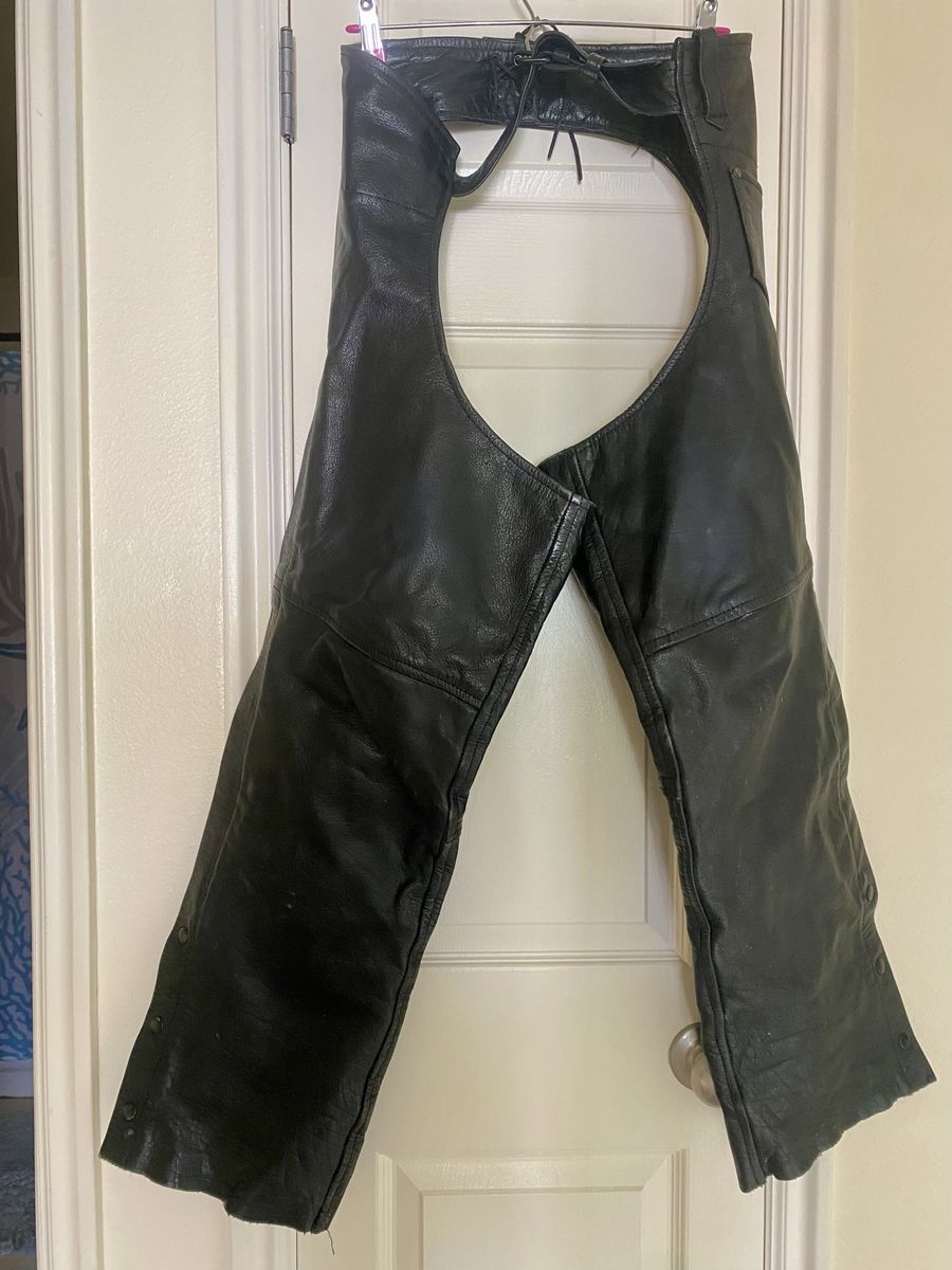 Black Leather Motorcycle Chaps - Adjustable Waist, Full Zippers & Snap Closures