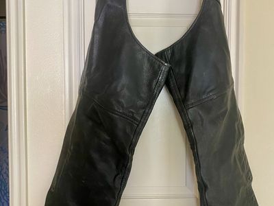 Black Leather Motorcycle Chaps - Adjustable Waist, Full Zippers & Snap Closures