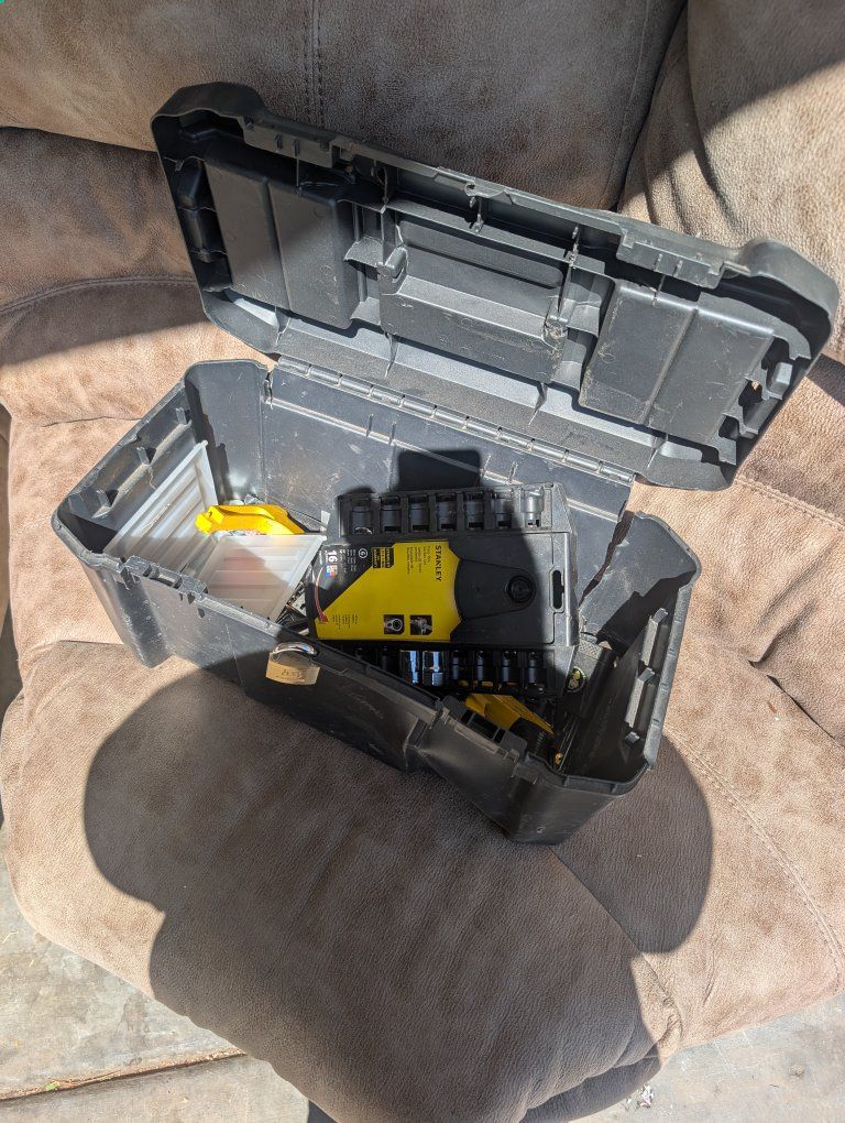 Stanley Black Plastic Tool Box with Assorted Tools - Used