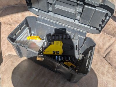 Stanley Black Plastic Tool Box with Assorted Tools - Used