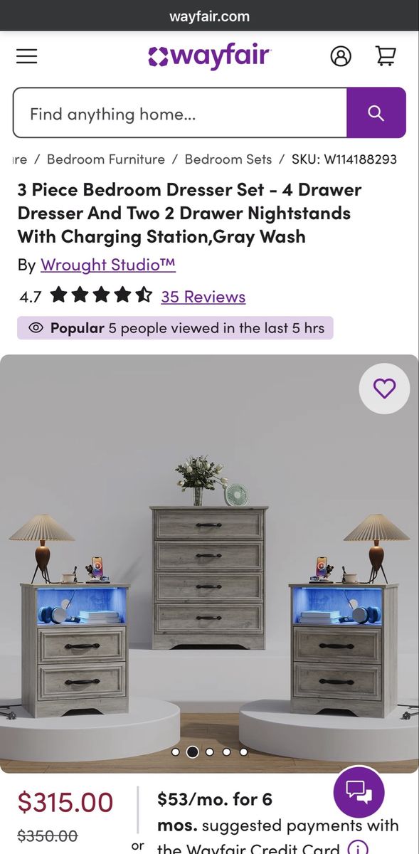 Grey 3 Piece Bedroom Set - 2 Nightstands & Dresser