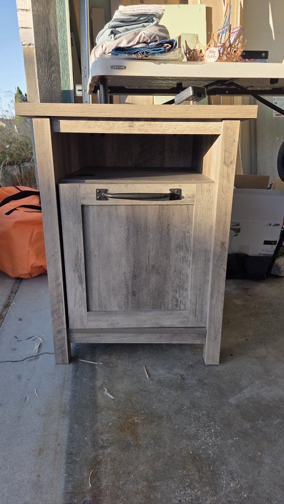 Rustic Gray Wood Finish Side Table with Cabinet Storage and Open Shelf