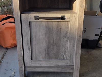 Rustic Gray Wood Finish Side Table with Cabinet Storage and Open Shelf